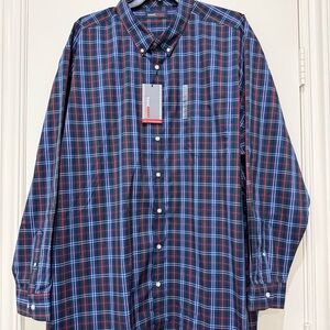 Mens Roundtree & Yorke Travelsmart blue plaid long sleeve button down shirt 4XT